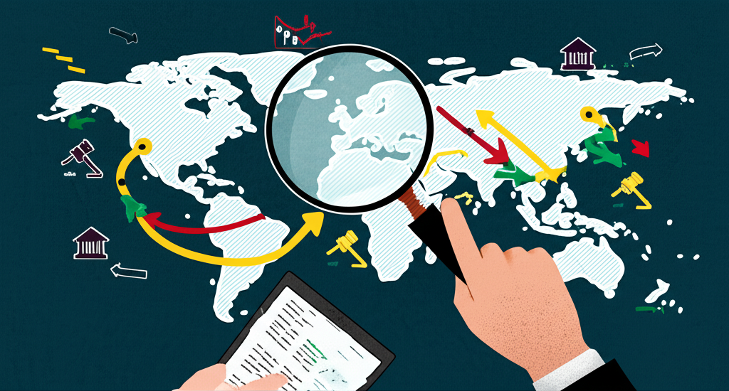 放大鏡觀察世界地圖，圖中標示貨幣流動方向與市場轉變，象徵DXY對全球商品價格、股市表現與央行決策的深遠影響，並有一位投資者正在分析相關數據