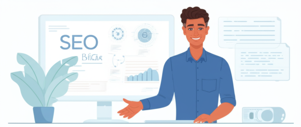一位專業的 SEO 內容策略專家在數位工作空間中友好地問候客戶