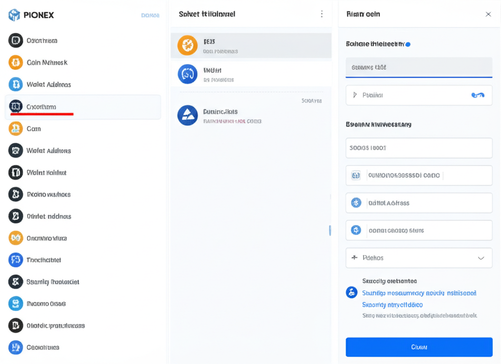 Pionex 出金三步驟流程圖：選擇幣種與網路、輸入錢包地址、確認交易與安全驗證