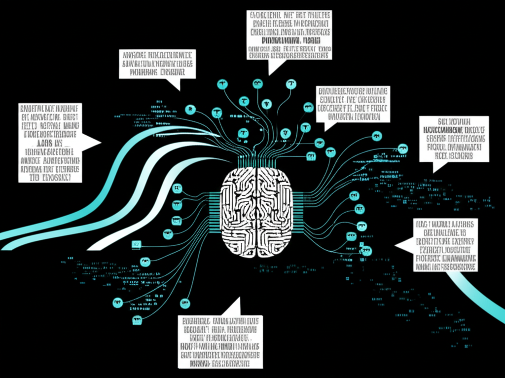 AI 內容生成工具如大腦連結資料流與文字區塊，象徵 NLP、機器學習與提示驅動創作的插圖