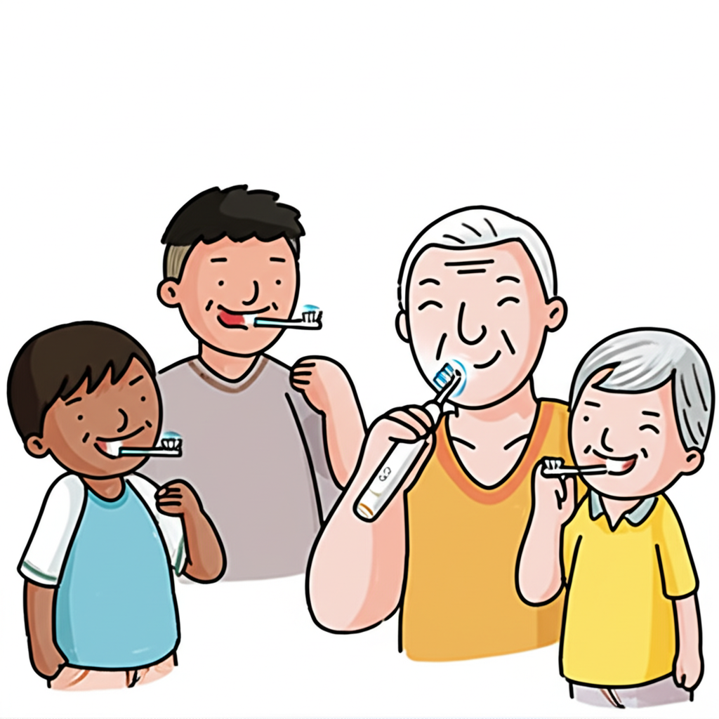 An illustration of a diverse group of people including a child an elderly person and someone with limited dexterity effortlessly using an electric toothbrush with a visible 2-minute timer and 30-second quadrant alerts for easy cleaning