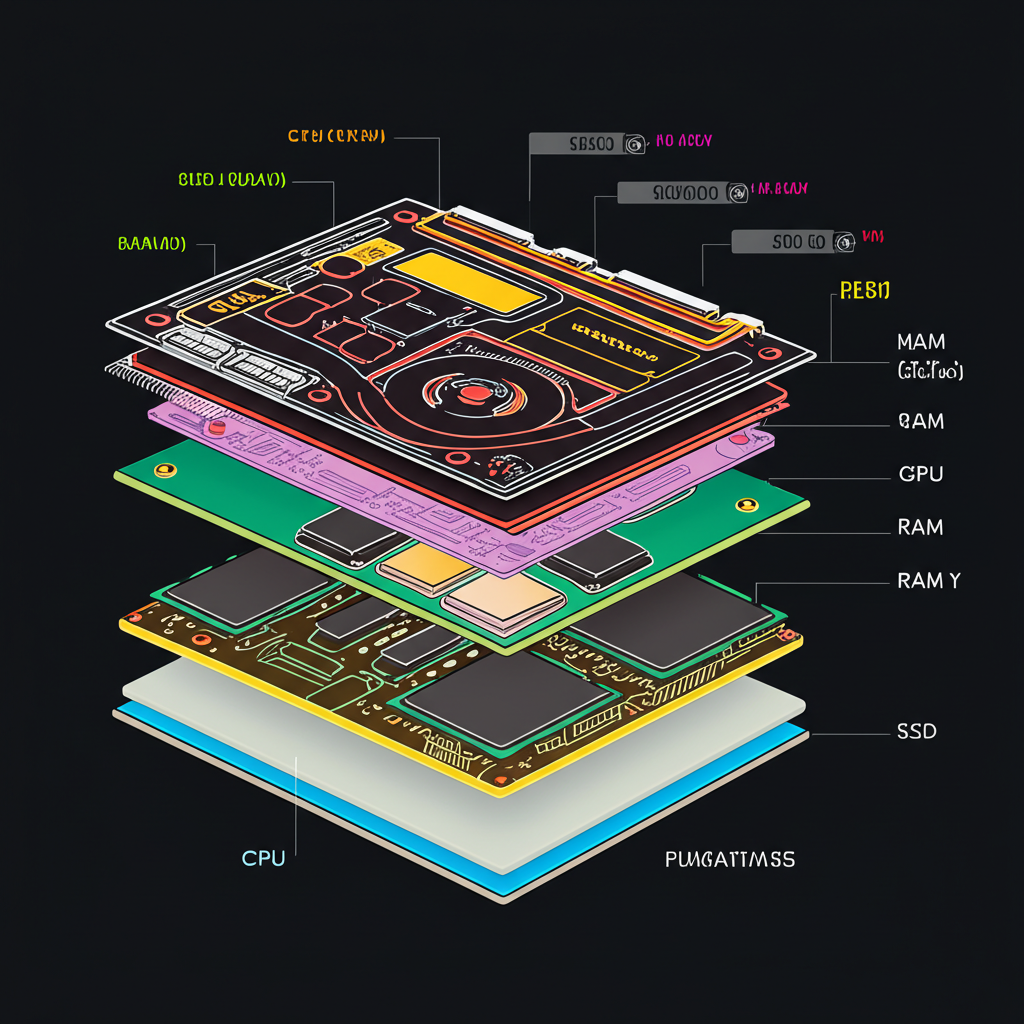 筆電核心硬體組件如CPU、GPU、RAM、SSD和螢幕的剖視圖插圖