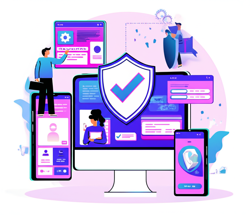 人自信執行安全操作的插圖,如提現和管理設定,配以大型盾牌圖示