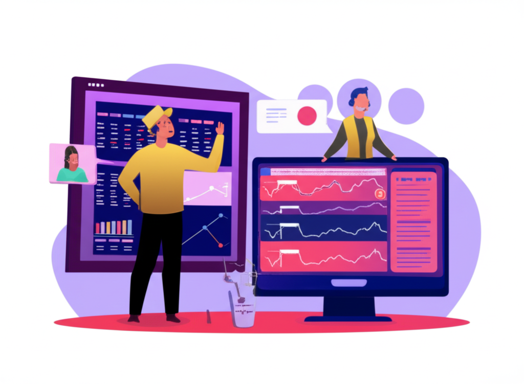 現代投資者操作多螢幕交易介面，顯示股票、基金與期貨等工具，同時獲得客服支援與研究報告，在安全數位環境中順暢進行