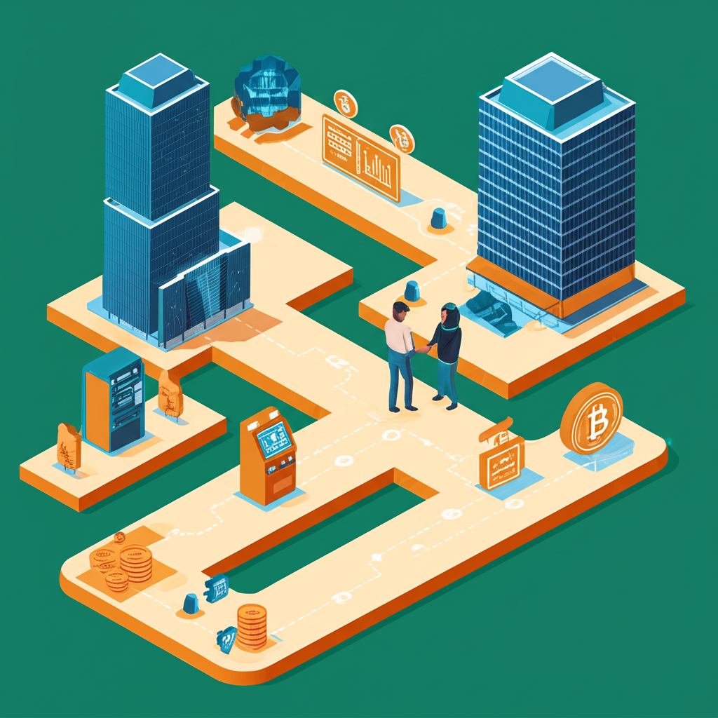 代表台灣與香港的城市景觀插圖,多條路徑匯聚至比特幣符號,包含加密交易所建築、個人對個人交易、實體ATM機以及ETF與差價合約選項的抽象呈現
