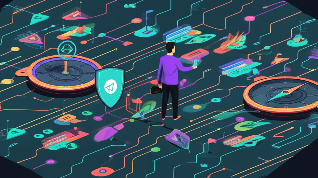 插畫：一個人在複雜的數位地景中航行，手持指南針與盾牌，象徵安全探索Telegram群組的全面指南，包含尋找、加入、管理與行銷，同時意識到風險並採取防護措施