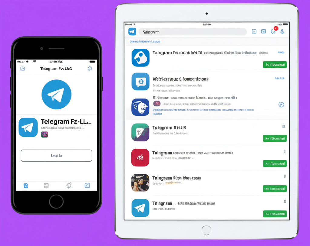 iPhone 與 iPad 顯示 App Store 搜尋 Telegram 的結果,Telegram FZ-LLC 應用被高亮顯示,準備下載安裝