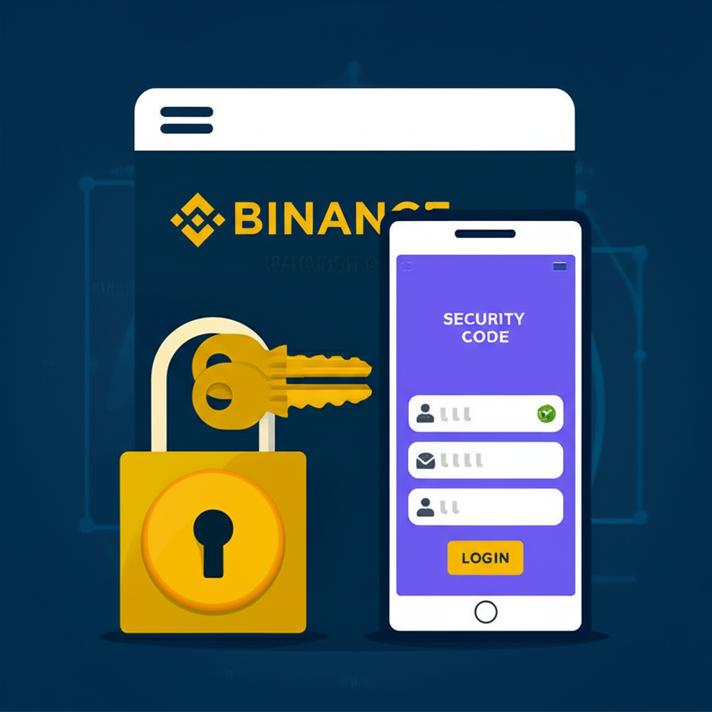 Two-factor authentication concept with lock, keys, smartphone code, and secure Binance login