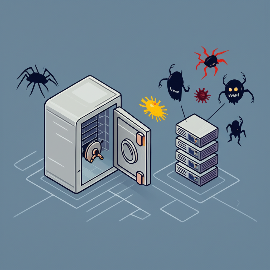 插圖:清楚對比離線冷錢包(上鎖的金庫)與線上熱錢包(敞開的脆弱伺服器),後者周圍環繞潛在的數位威脅