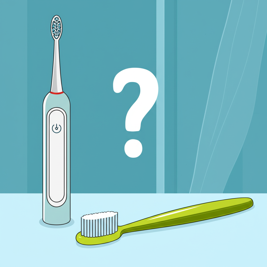 An illustration of a modern electric toothbrush next to a traditional manual toothbrush with a question mark between them representing a choice for optimal oral care in a clean bathroom setting