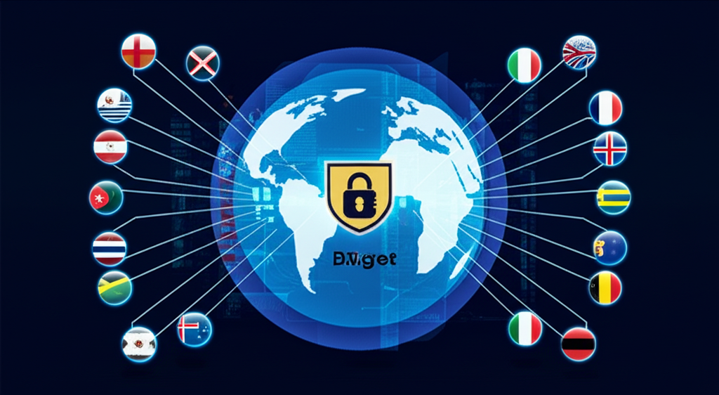 全球網路圖示，多國旗幟與中央的數位交易所象徵Bitget的國際布局與合規發展