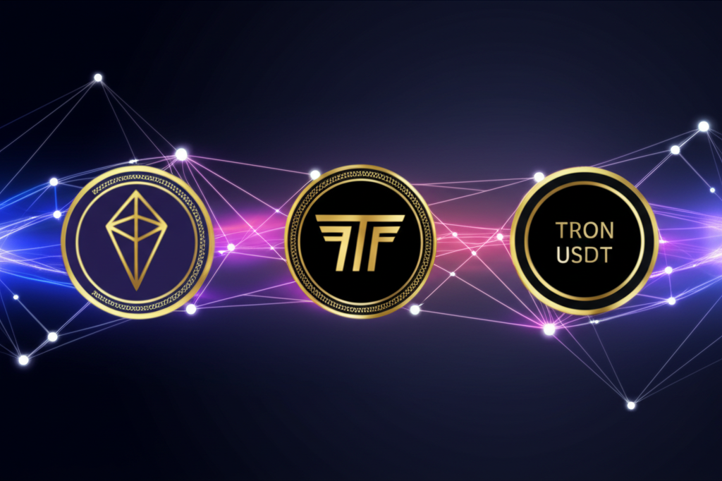 TRON 和 USDT 互聯的數位貨幣網路,展示資料流動與安全高效環境