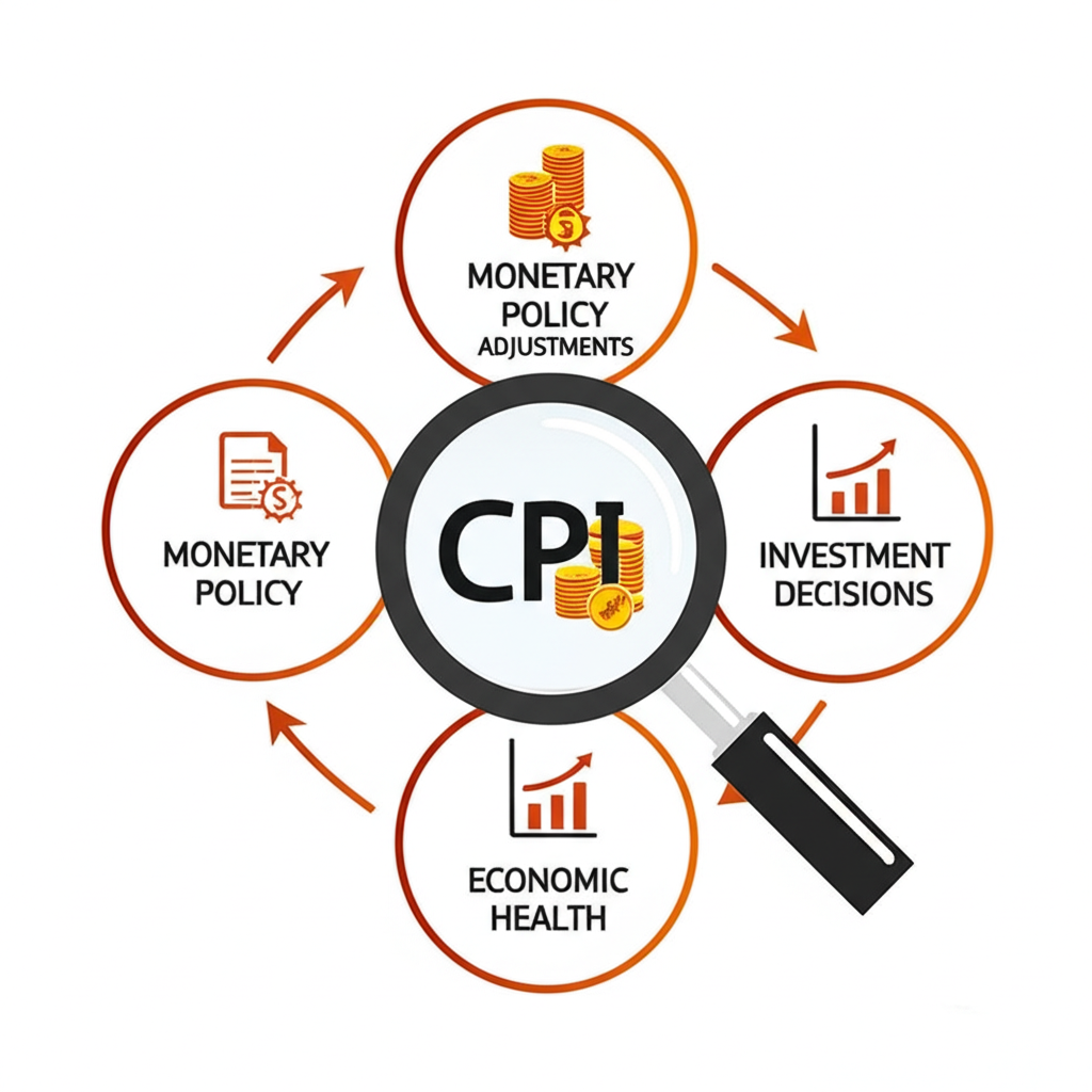 CPI importance for monetary policy salary adjustments investment decisions and economic health reflecting money value and quality of life illustration style