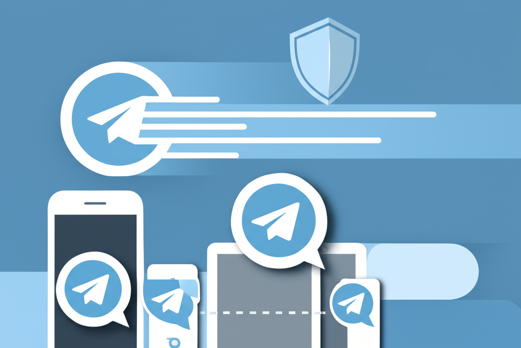 紙飛機圖標在不同裝置間飛馳,象徵 Telegram 快速傳訊,盾牌圖案突出強大隱私保護與兩個聊天泡泡間的加密訊息