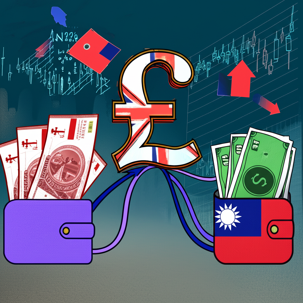 全球金融市場中英鎊影響台灣與香港民眾荷包的插圖,包含圖表與資金流動示意