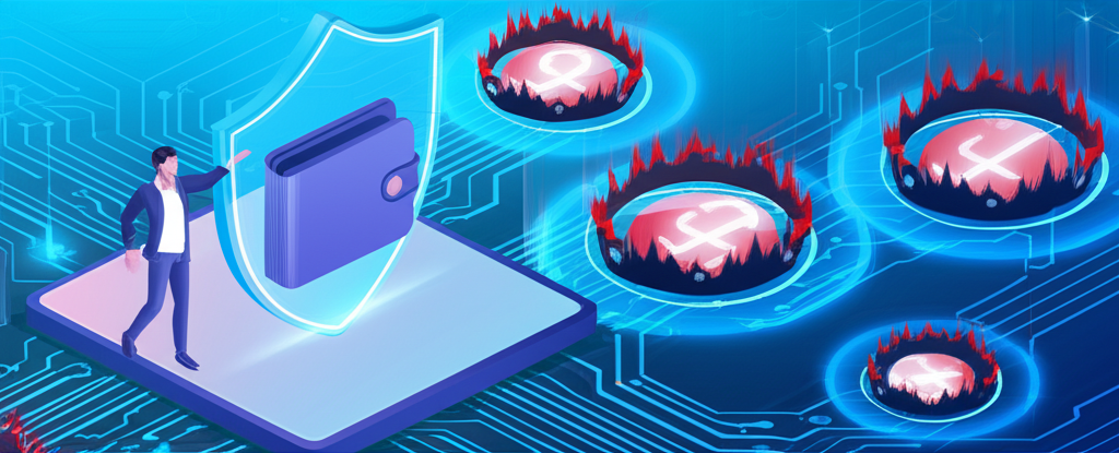 an illustration of a protective shield surrounding a digital wallet and a person confidently navigating a digital landscape with various scam traps highlighted in red representing comprehensive okx scam prevention and recovery strategies
