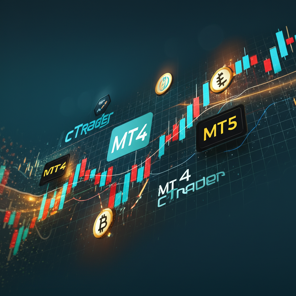 Pepperstone交易平台介面示意圖,整合MT4、MT5與cTrader,顯示多市場行情與數位貨幣交易功能