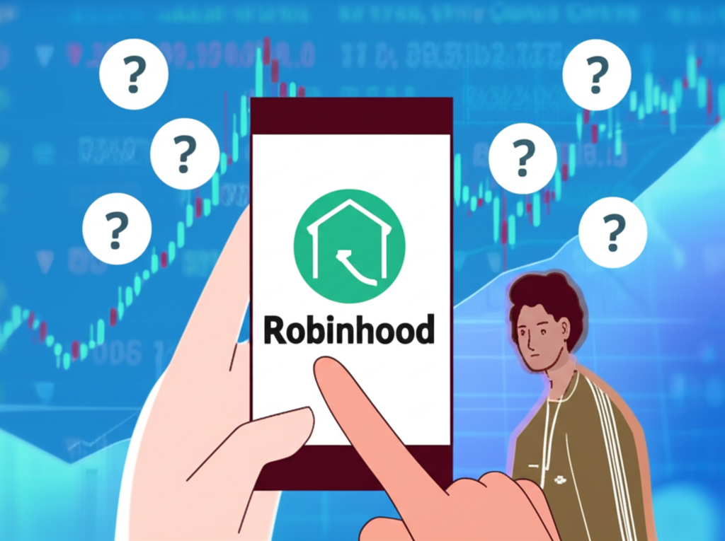 一位台灣或香港人盯著手機螢幕上的Robinhood標誌,周圍有問號,背景是全球股市圖表,象徵對海外投資的興趣和零手續費交易的吸引力