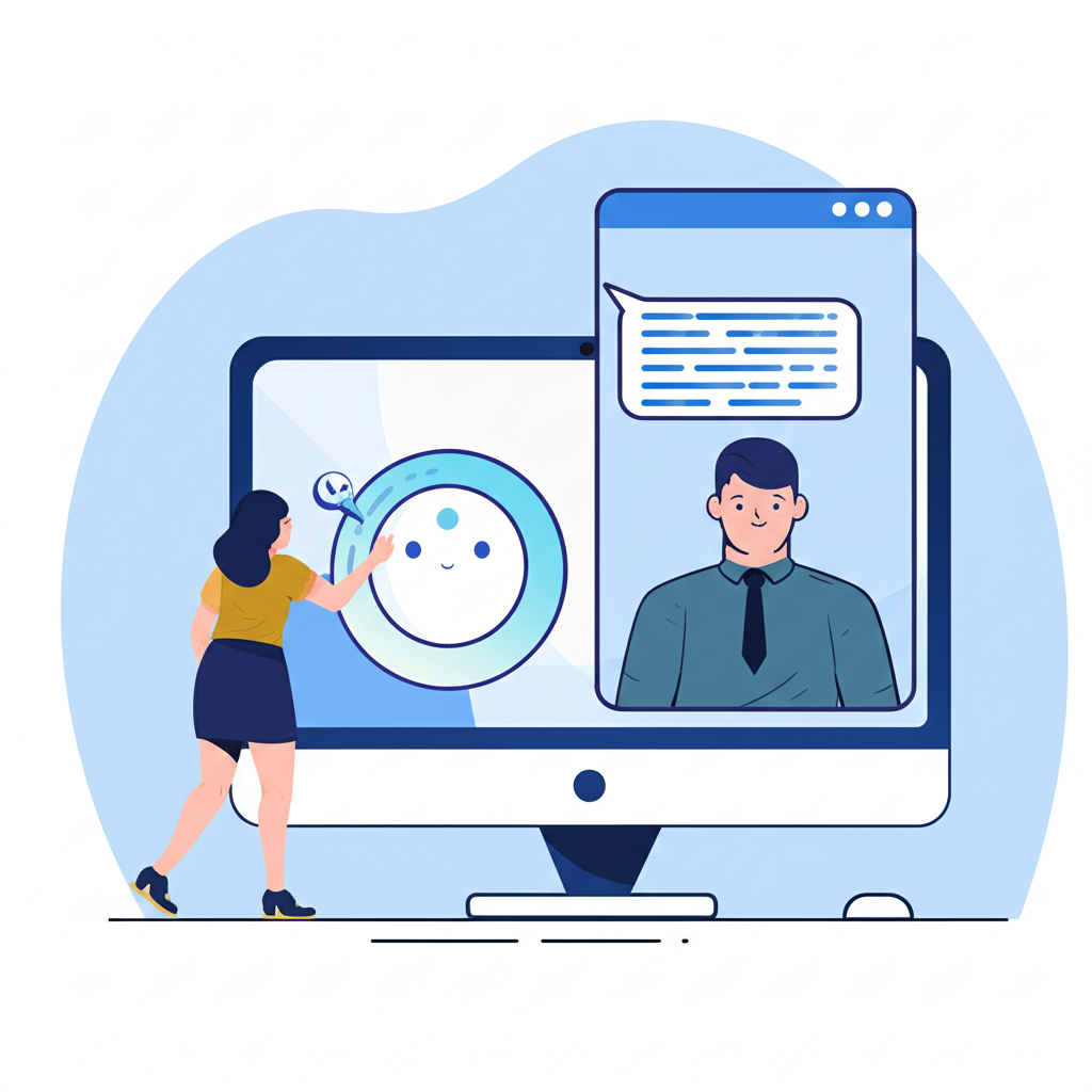 使用者在電腦螢幕上進行即時聊天,與智能助理轉接真人客服解決問題的插圖