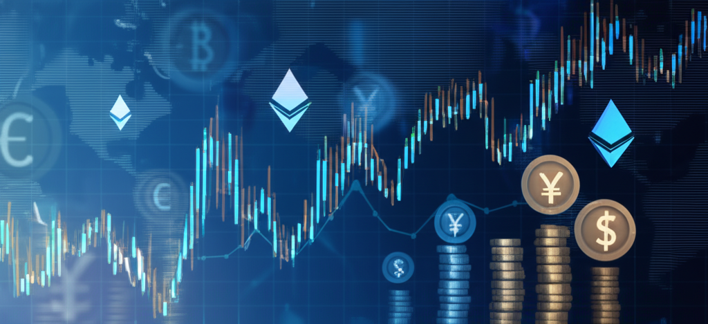 動態數位介面展現以太幣兌台幣匯率波動,背景融入全球經濟符號如世界地圖與貨幣圖標