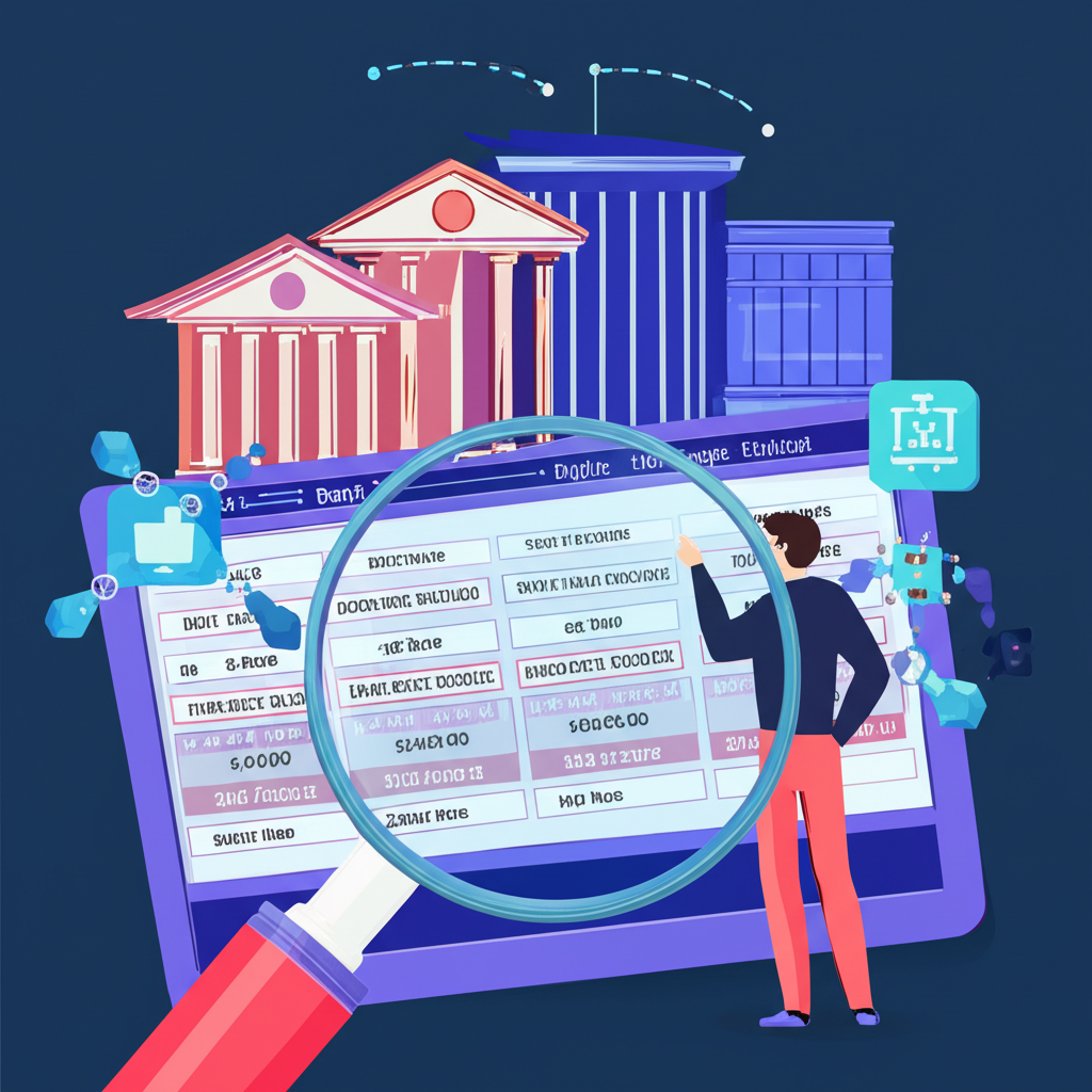 illustration of various bank buildings public private and digital with a magnifying glass hovering over a comparison table highlighting different mortgage offers and a person making a smart choice
