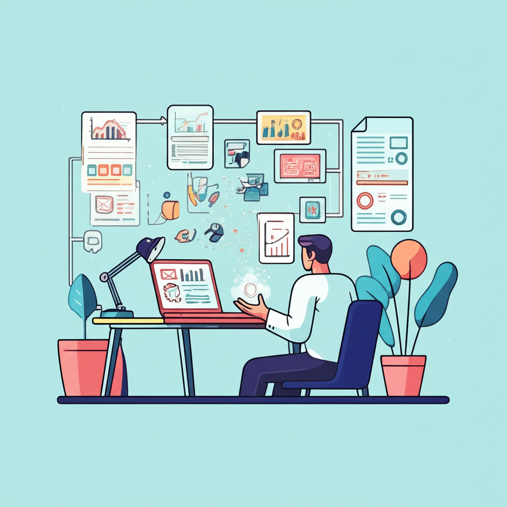 An illustration of a hand presenting essential data to an SEO expert who is then generating a comprehensive content blueprint and writing instructions flow in illustration style
