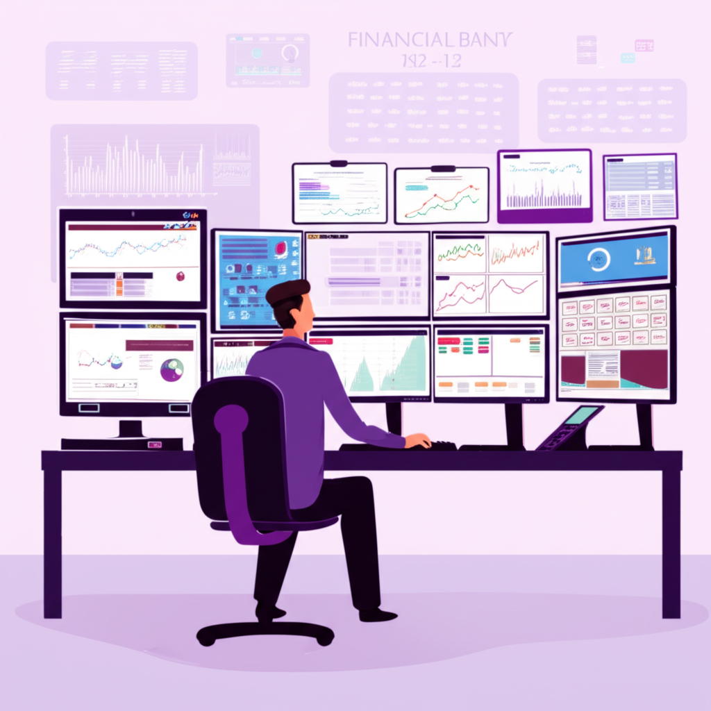 金融機構交易室中，自營商利用多螢幕圖表為機構獲利決策的專業場景