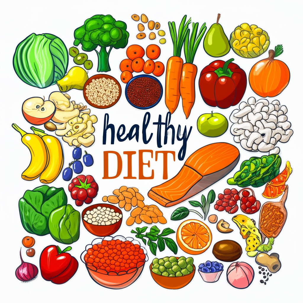 An illustrative scene of diverse natural foods like colorful vegetables, fruits, whole grains, legumes, nuts, and fish arranged harmoniously, representing a balanced and comprehensive healthy diet concept