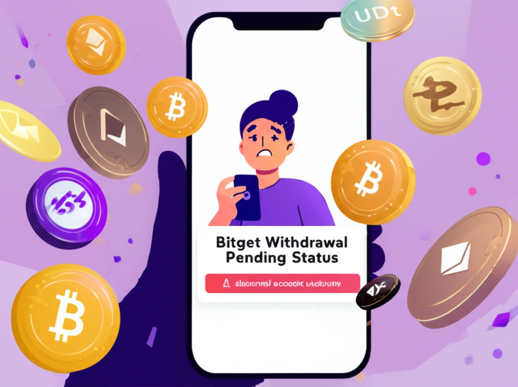 擔憂用戶查看 Bitget 出金延遲或帳戶異常畫面的插圖,周圍有浮動的加密貨幣圖示