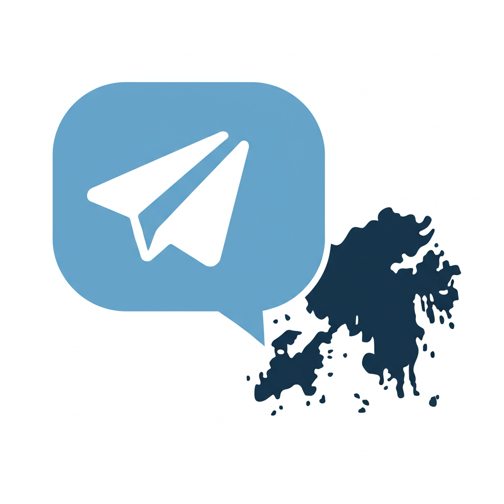 插畫：紙飛機圖標轉化為數位對話氣泡，飄過台灣與香港，象徵華人網路社群中的Telegram群組，與航空無關，代表加密通訊軟體