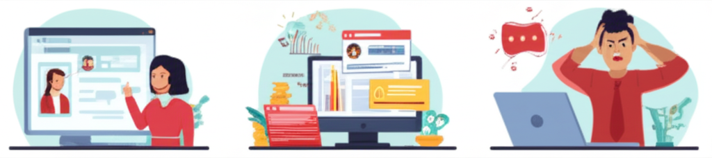 插圖:詐騙情境示意,包含假冒客服誘導點連結、假投資群組展示虛假獲利、用戶無法從詐騙平台提領資金等場景