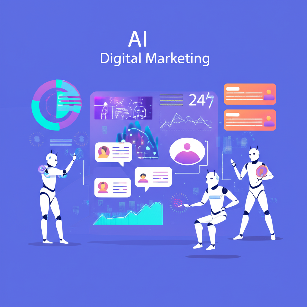 AI 機器人協助行銷人員創作內容、優化廣告並提供全天候客戶服務的插圖,象徵數位行銷中的效率、個人化與成長