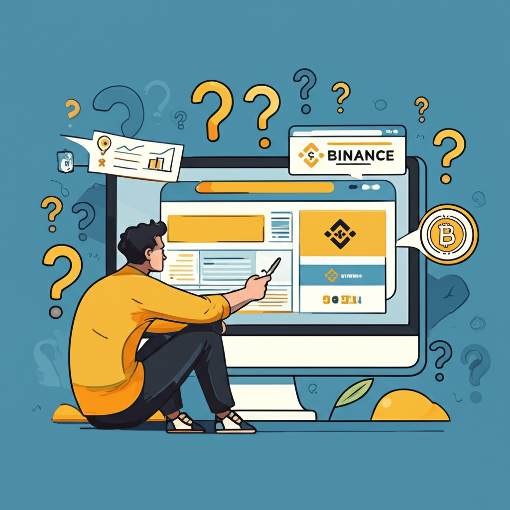 一名使用者盯著顯示幣安介面的螢幕,周圍浮現資金提領流程的問號,象徵投資者對安全高效下架通道的困惑
