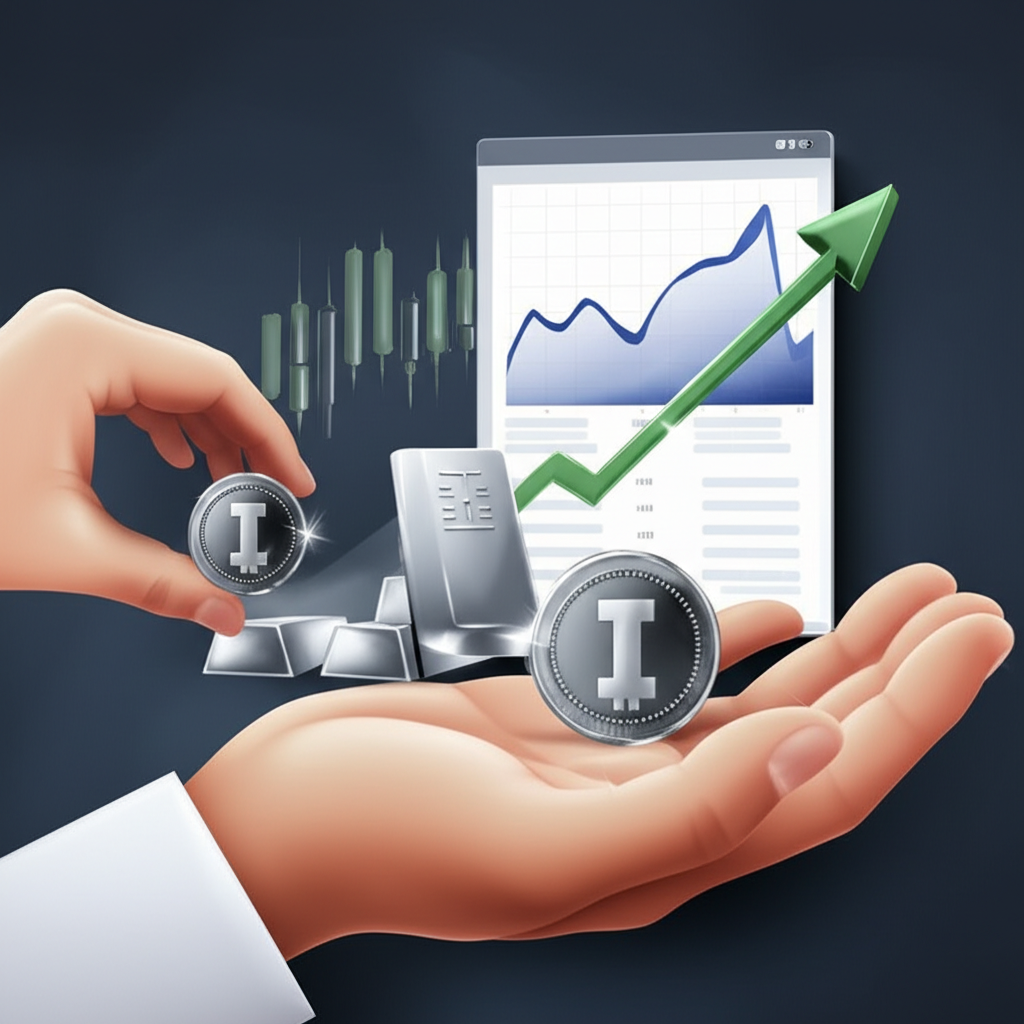 白銀投資管道示意圖：實體銀幣、銀行白銀存摺介面、ETF走勢圖與礦業股K線