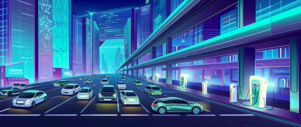 台灣電動車充電站的未來城市景觀,展示電動車成長與充電基礎設施需求