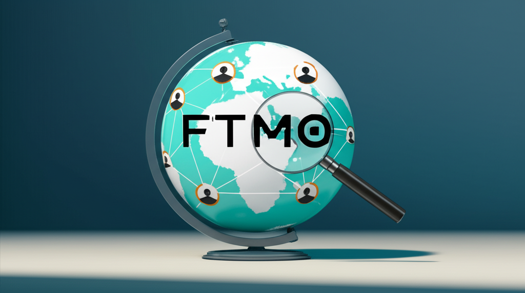 地球圖示上以放大鏡標示捷克共和國,周圍連結著各地交易者,中央為FTMO標誌,展現其全球招募與篩選機制