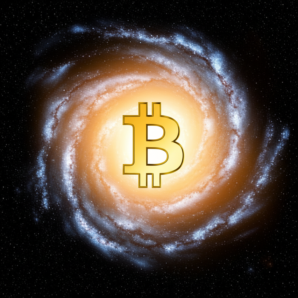 發光的比特幣符號懸浮於星系中央,象徵其全球影響力與去中心化金融的創新實驗