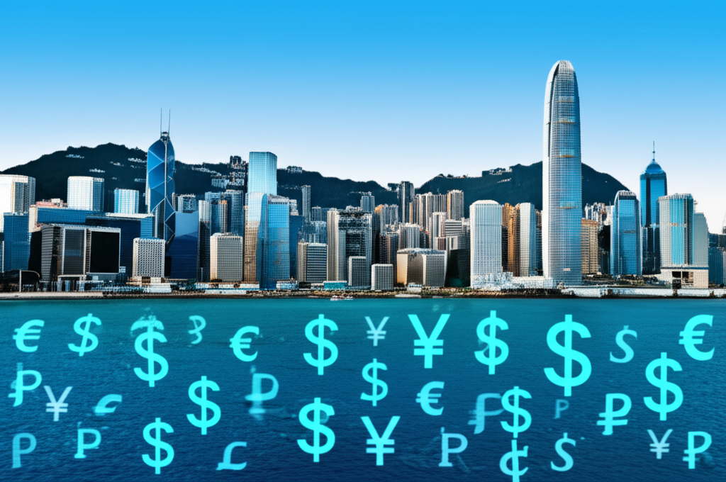 香港天際線與全球貨幣插圖