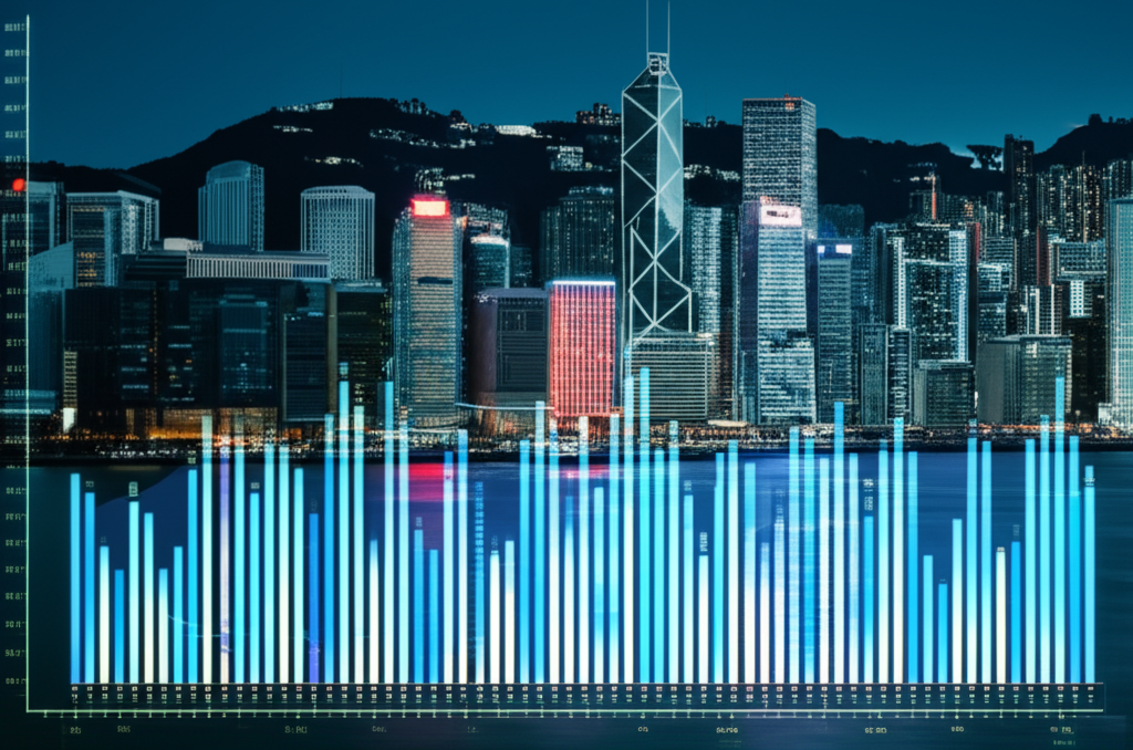 Hong Kong skyline, forex charts, illustration