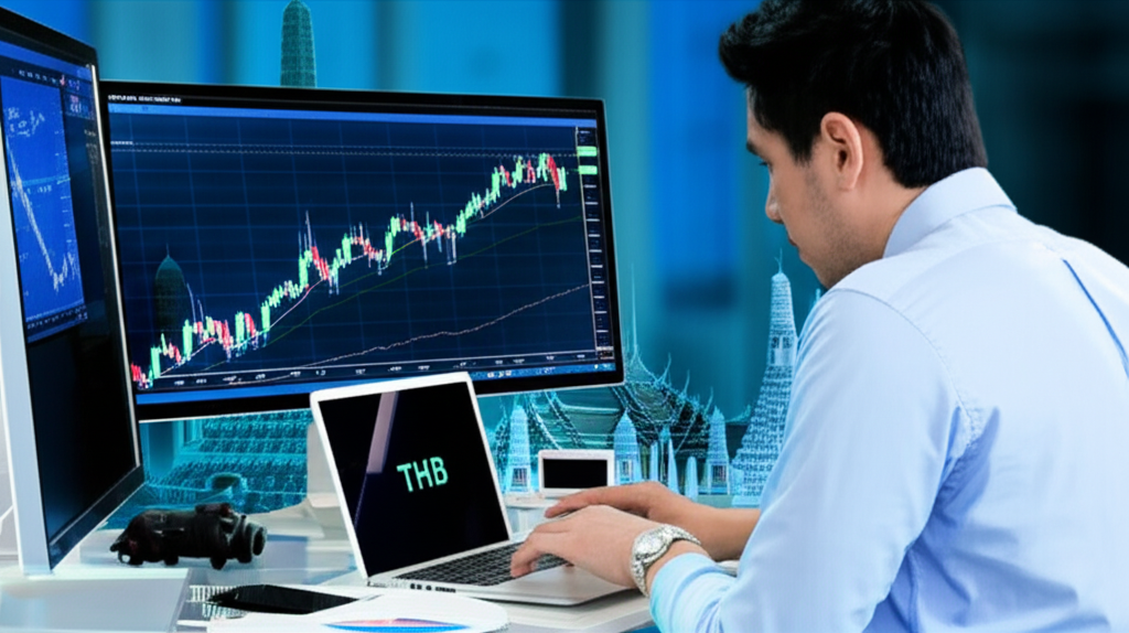 交易者觀看泰銖圖表與泰國地標插圖